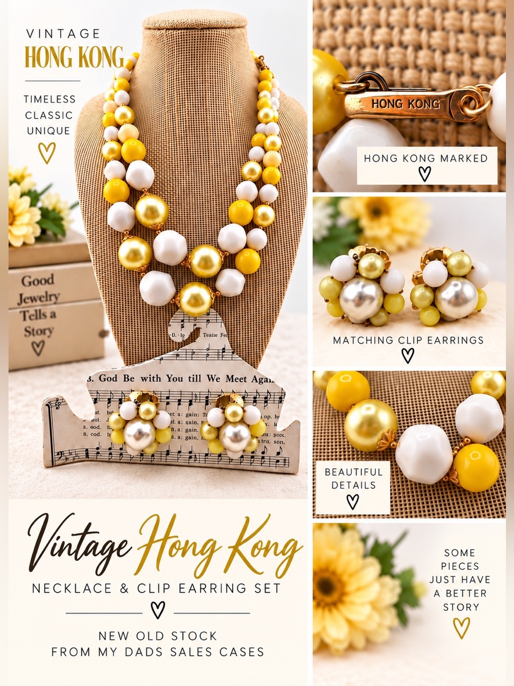 Vintage Hong Kong Beaded Necklace & Matching Clip Earrings - New Old Stock